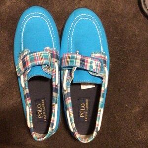 Polo by Ralph Lauren Kids Turquoise Canvas Moccasins with Plaid Trim